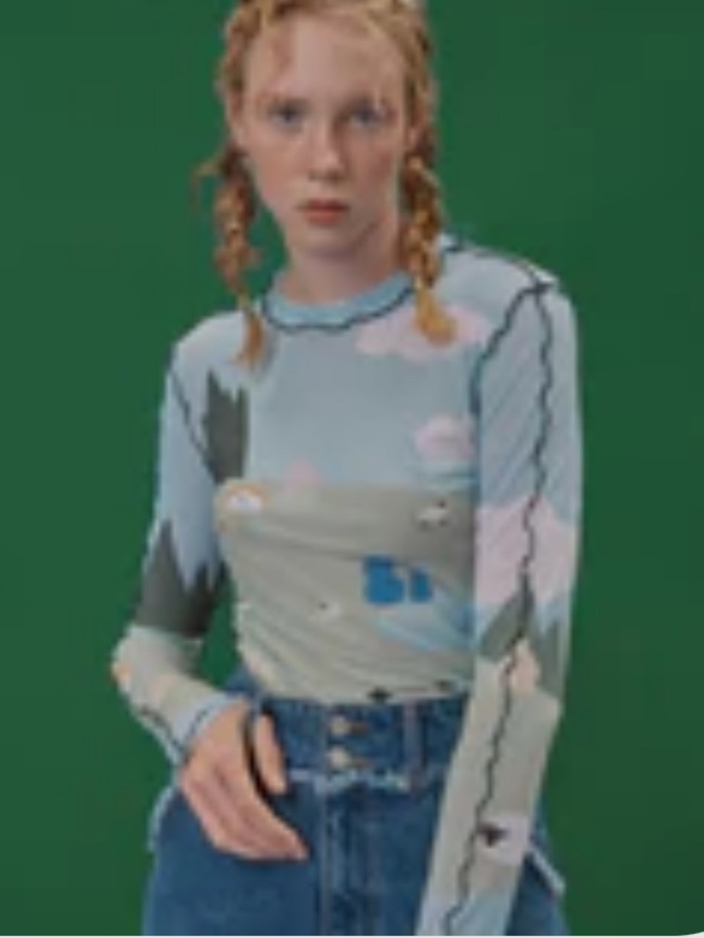Small Kina and Tam landscape mesh top Sheer Farm Print  - Light Blue/Green - Picture 2 of 7